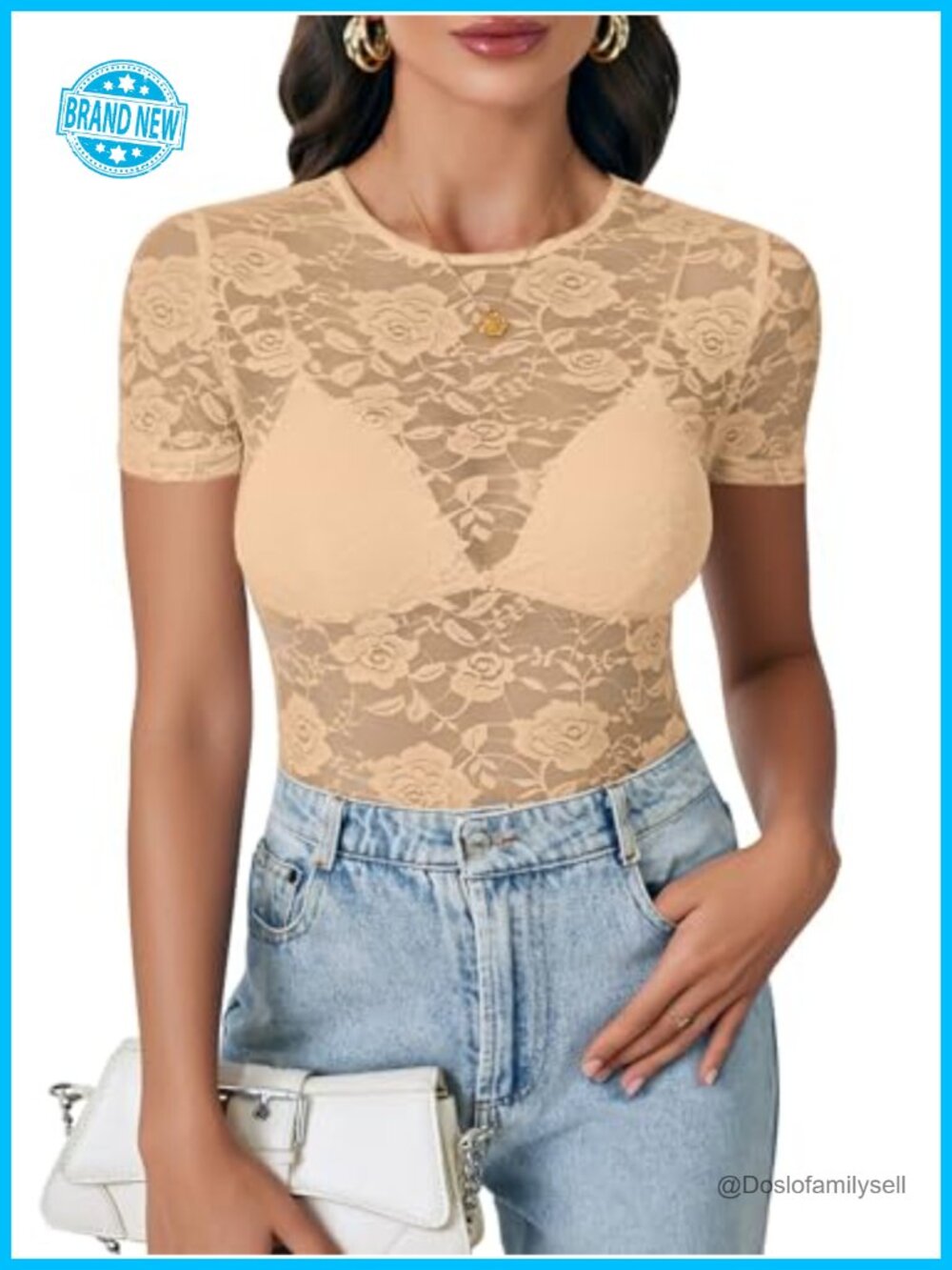 Women's Floral Lace Sheer Mesh Top Slim Fit Short Sleeve